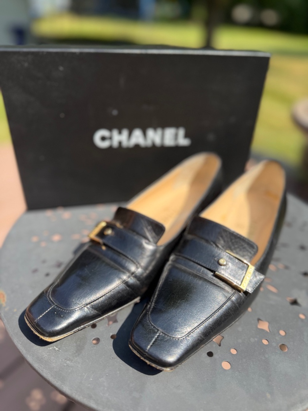 Chanel black leather square toe loafers with gold buckle size 35
